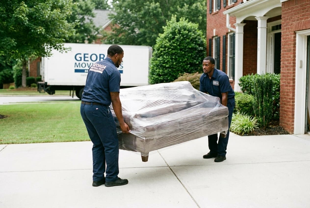 Zeus Forever movers loading a sofa outside a Georgia home